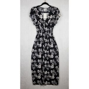 Cottagecore L XL Maxi Dress Short Sleeve Ruch Waist Sheer Black White Floral